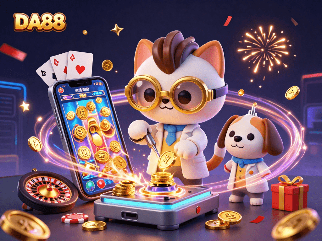 Experience DA88's vibrant casino world where gold coins and gaming excitement erupt around lively characters.