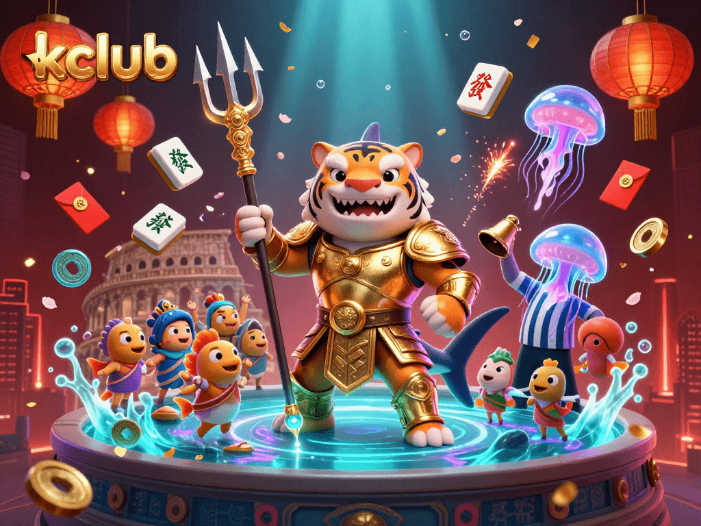 Kclub's exciting underwater scene features a tiger shark in gladiator armor surrounded by games and vibrant elements.