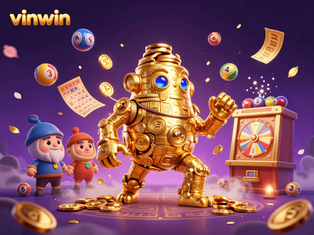 Experience winnings at vinwin with a golden golem and exciting gambling elements in this vibrant illustration.