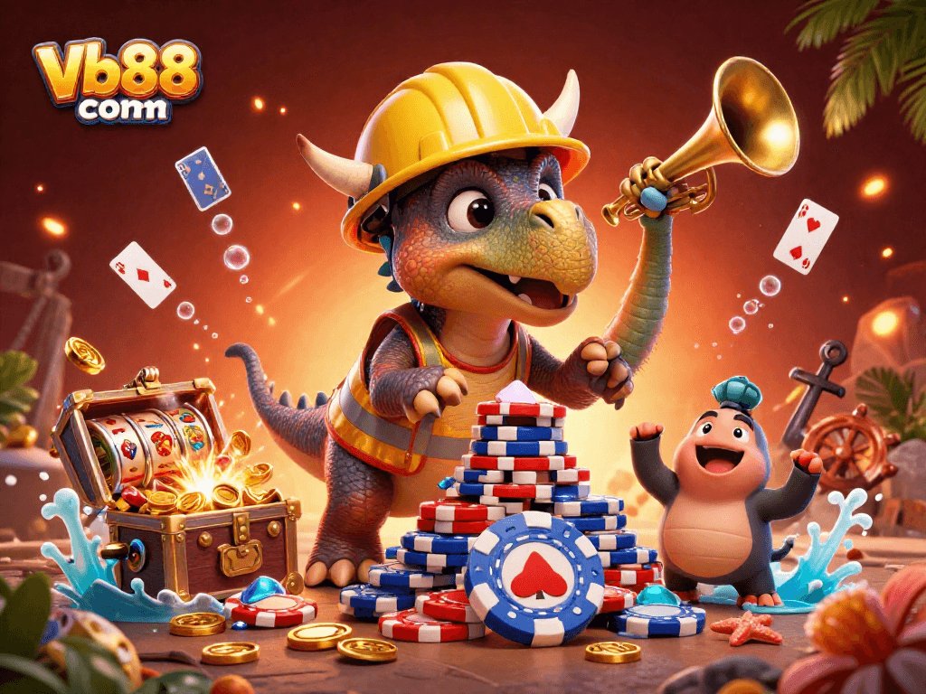 Join the excitement at Vb88 com with vibrant cartoon characters celebrating casino wins amid dynamic gaming elements.