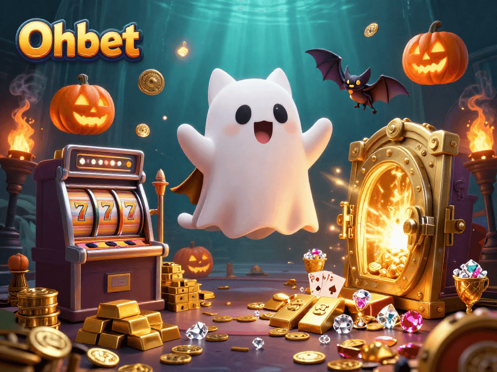 Engage with Oxbet’s thrilling floating ghost cat in a vibrant haunted casino scene.