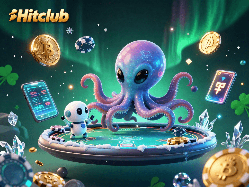 Engage in thrilling poker at Hitclub with an alien octopus and robot, surrounded by vibrant crypto elements.