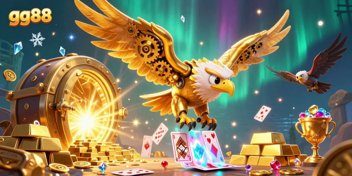 Experience thrilling gambling adventures with gg88, featuring a stunning golden eagle soaring through a treasure-filled casino.