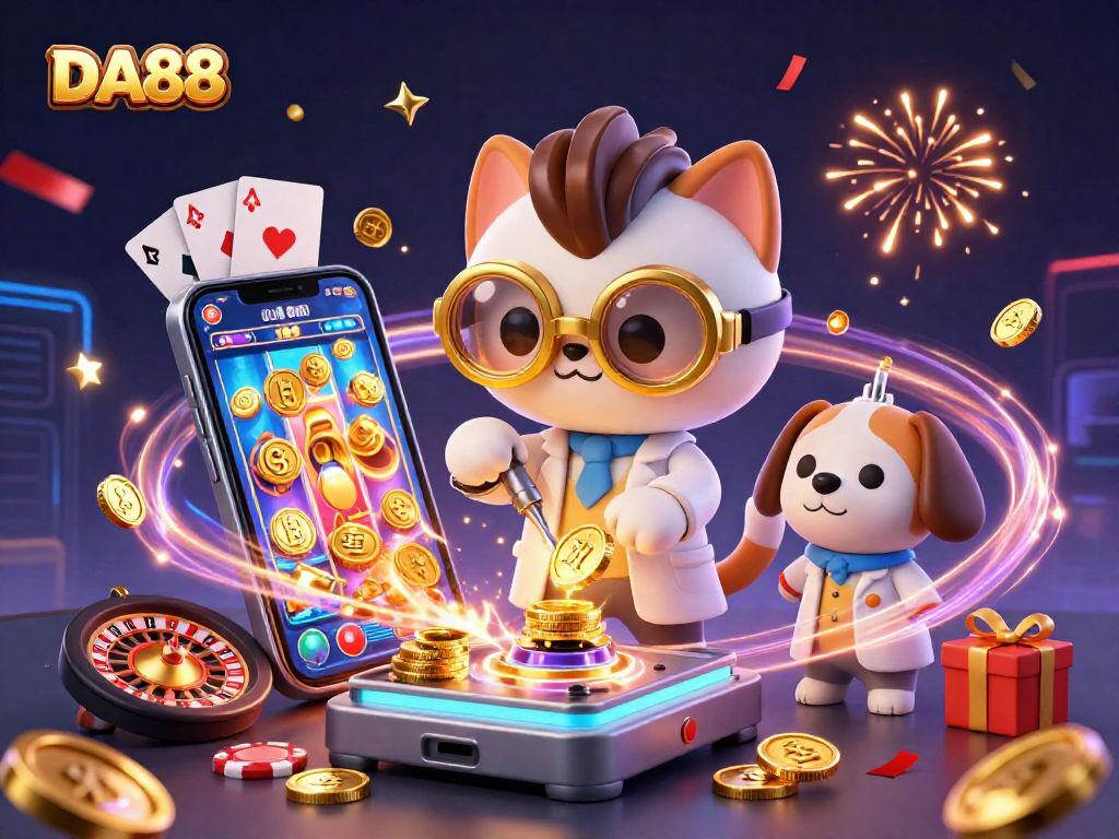 Experience DA88's vibrant casino world where gold coins and gaming excitement erupt around lively characters.