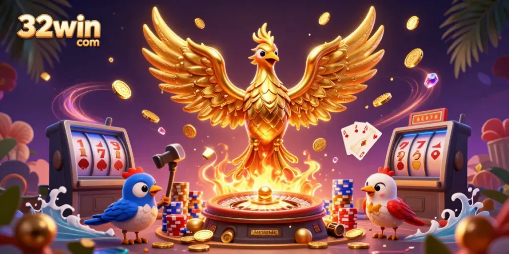 Experience the thrill of 32win com with a golden phoenix symbolizing jackpot wins surrounded by gaming excitement.