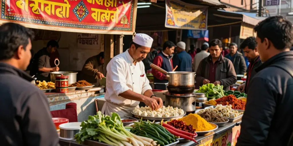 Explore the authentic flavors of rokok88 slot with delicious momo dumplings being prepared in a vibrant Nepali market.