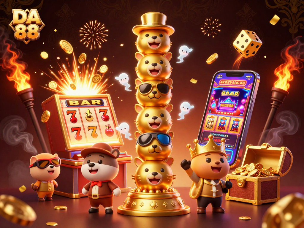 Engage with DA 88's vibrant 3D casino scene showcasing dynamic slot elements and golden totem.