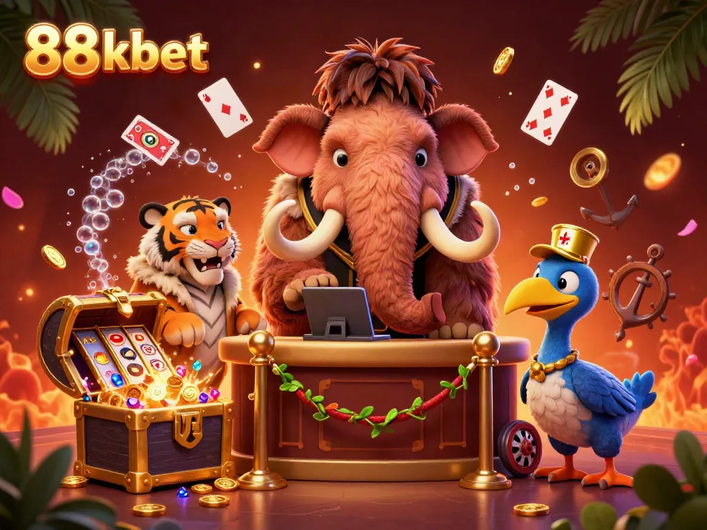 Engage with exciting 88 kbet visuals: A vibrant casino scene featuring a mammoth bouncer, saber-tooth tiger, and dodo bird amidst treasures and gaming symbols.