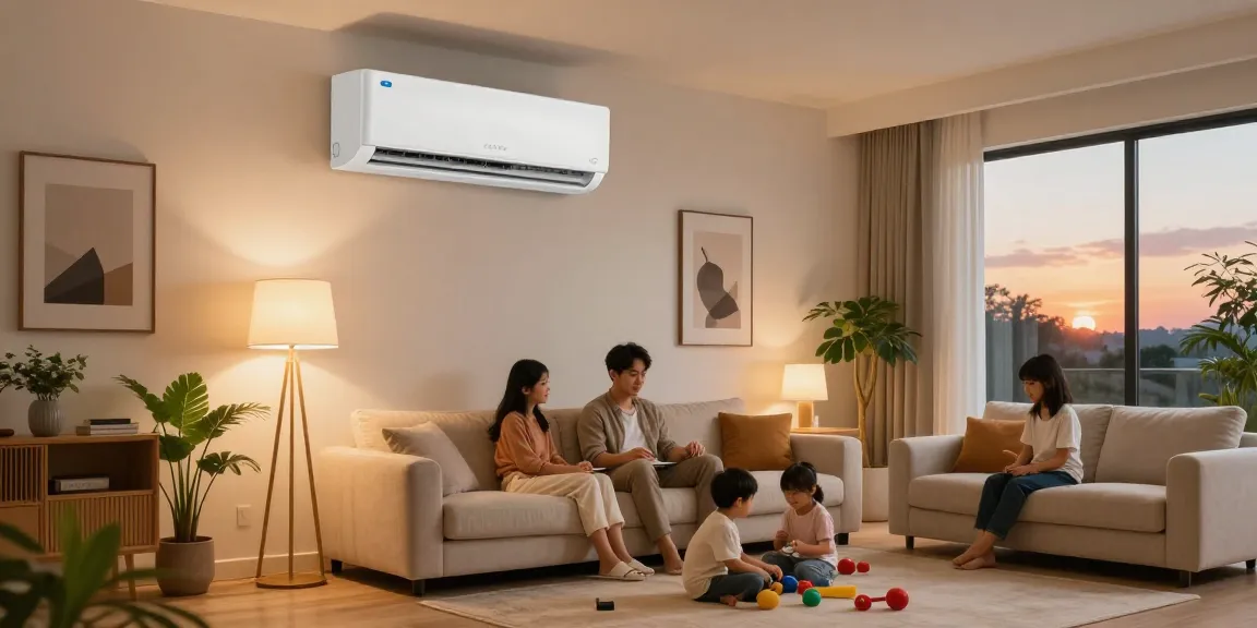 Cozy living room featuring a split ac unit, family enjoying time indoors with modern decor and warm lighting.