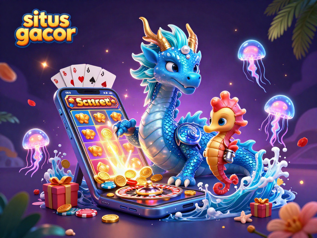 Engage in situs gacor with a vibrant underwater scene displaying a dragon, knight, and jellyfish amidst casino elements.