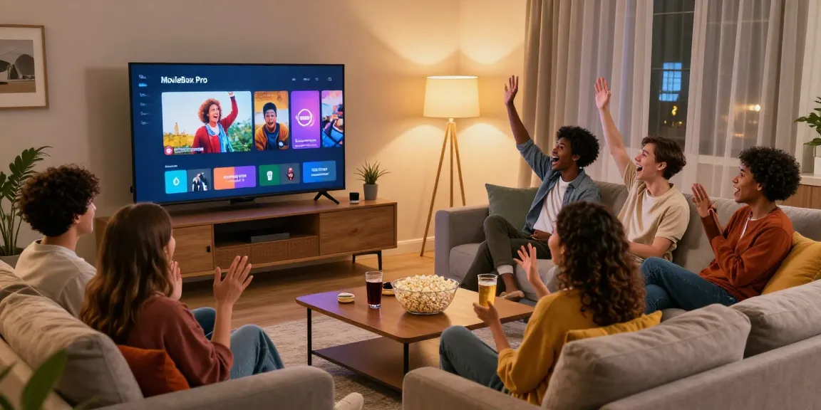 Friends enjoying a movie night using MovieBox Pro in a cozy living room.