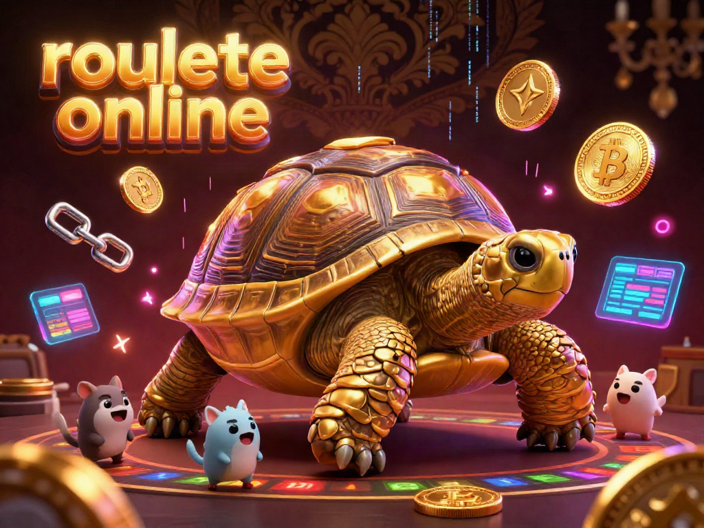 Spin the vibrant roulette wheel with a colossal tortoise and crypto elements in this dynamic illustration for roullete online.
