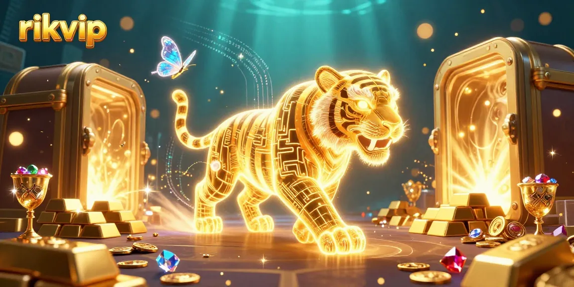 Experience thrilling adventures at rikvip with a neon tiger prowling a vibrant digital casino scene.