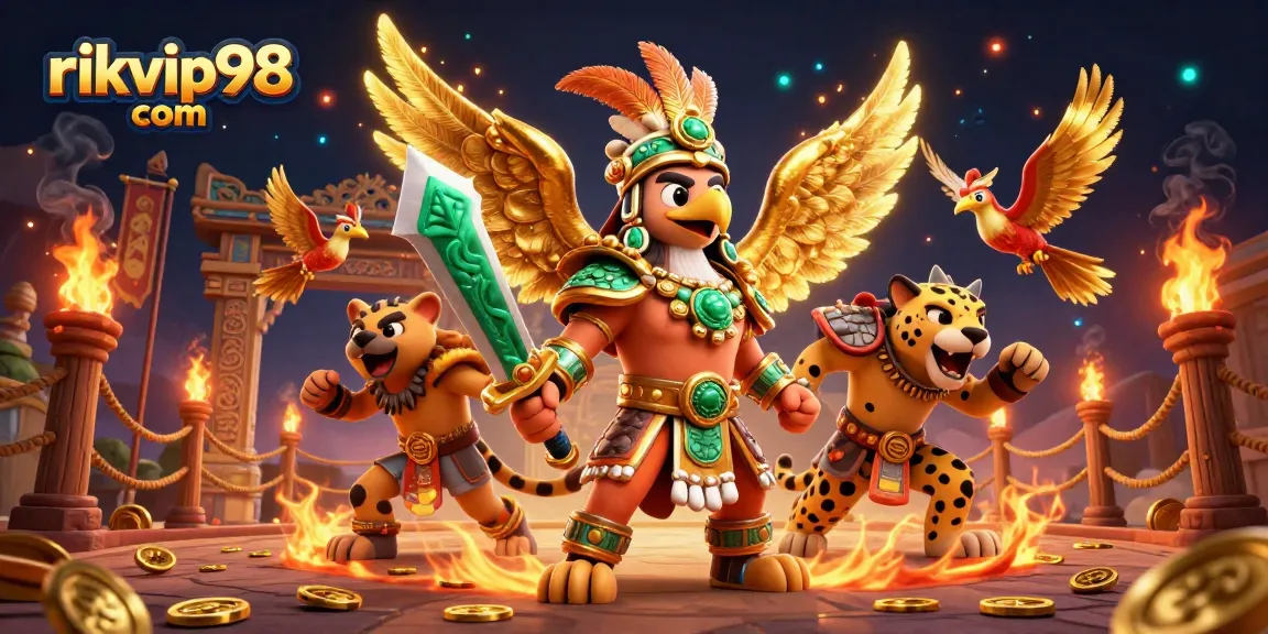 Engage in thrilling gameplay at rikvip98 com with a vibrant 3D battle scene featuring Aztec warriors and golden tokens